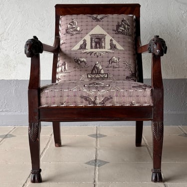 19th C. English Mahogany Recline Armchair with Rams and Pierre Frey Fabric