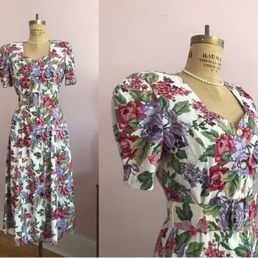 1980's Size 10 Sweetheart Floral Midi Dress 