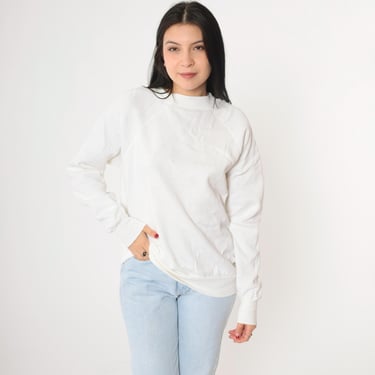 Vintage White Sweatshirt M 80s 90s Plain Crewneck Pullover Sweatshirt Raglan Sleeve Sweater Normcore Solid Slouchy Basic 1980s Size Medium 