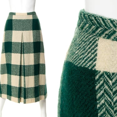 Vintage 1950s Skirt | 50s Wool Plaid Checkered High Waisted Pleated A-Line Secretary Winter Fall Midi Skirt (x-small) 
