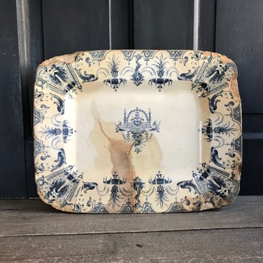 Early 19th C Indigo Floral Platter, Gien Faïence, Green Man, Rustic French Farmhouse, Farm Table, Staple Repairs 