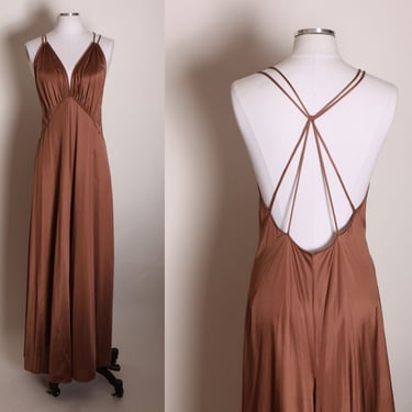 1960s Brown Criss Cross Back Spaghetti Strap Full Length Wide Leg Palazzo One Piece Lingerie Jumpsuit -M 