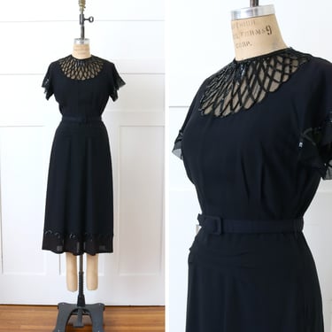 vintage 1940s black rayon & net dress with swirled sequins • belted short flutter sleeve dress 