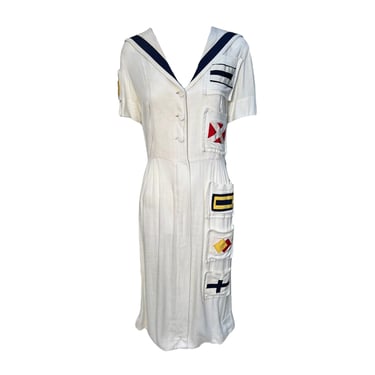 1930's White Cotton Sailor Shirt Dress with Nautical Flag Pocket Patches