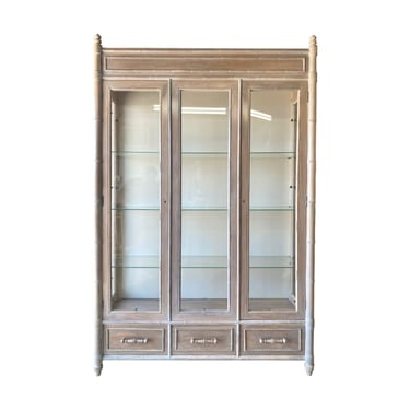 Faux Bamboo Curio Cabinet by Century with Whitewash Wood, Skeleton Key Lock, 3 Drawers - Vintage Lighted Display China Cabinet Glass Vitrine 