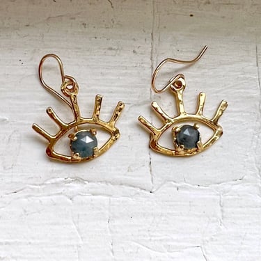 Handmade The Beholder Earrings: Gold and Sapphire Eye Earring Dangle Drops 