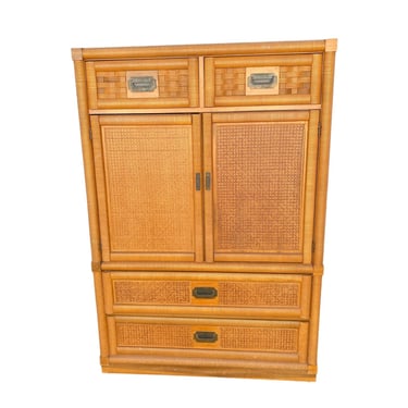 Rattan Armoire Dresser by Dixie Wicker Weve - Vintage Natural Wooden Cane Coastal Bamboo Boho Chic Style Furniture 