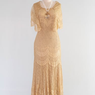 Gorgeous 1920's Champagne Gold Lace Flapper Dress / Small