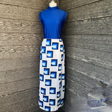 blue block maxi dress 1960s geometric squares mod gown medium 