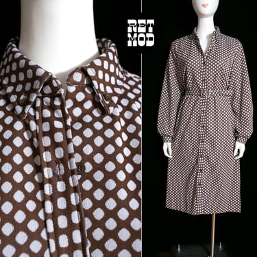 Cute Vintage 60s 70s Brown & White Polka Dot Long Sleeve Polyester Dress by Serbin 