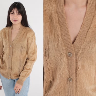 Light Brown Mohair Cardigan 70s Fuzzy Button Up Cable Knit Sweater V Neck Tan Retro Plain Seventies Knitwear Bohemian Vintage 1970s Medium M 
