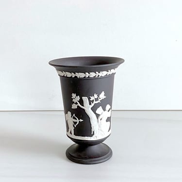 Vintage 1968 Wedgwood Black & White Jasper Jasperware Urn Vase 5.25" Tall with Neoclassical Maiden Ladies Scenes England English Porcelain 