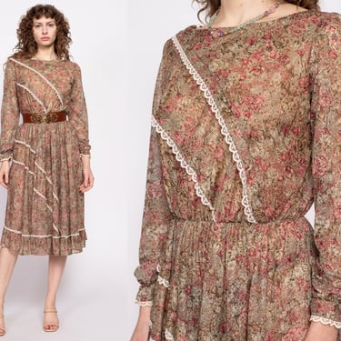 70s Boho Brown Floral Prairie Midi Dress - Medium | Vintage Sheer Long Sleeve Scalloped Lace Trim Secretary Dress 