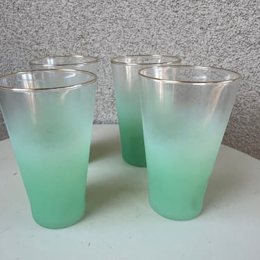 Vintage MCM Blendo Tall frosted Tumbler Glasses Set 4 Pastel Green Gold Rim West Virginia Glass 