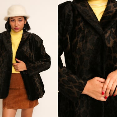Vintage 1980s 80s Dark Brown Leopard Print Faux Fur Swing Coat Jacket 