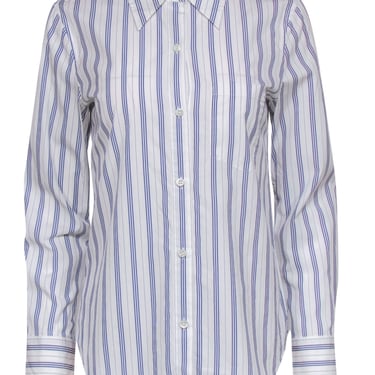Theory - White &amp; Blue Striped Long Sleeve Button-Up Blouse Sz M