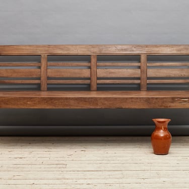 19th Century Javanese Teak Dutch Colonial Bench with Nicely Turned Legs and a Slatted Back