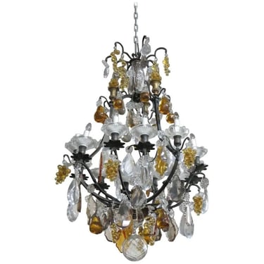 Rare Louis XV Bronze Chandelier W Amber Fruits & Clear & Amber Crystal Prisms