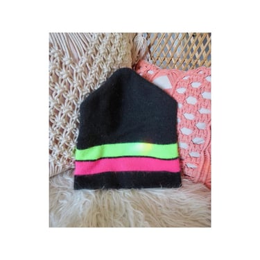 Vintage Striped Knit Beanie - Retro 80s 90s Neon Acrylic Winter Hat - Ski Snowboard Cap for Cold Weather 