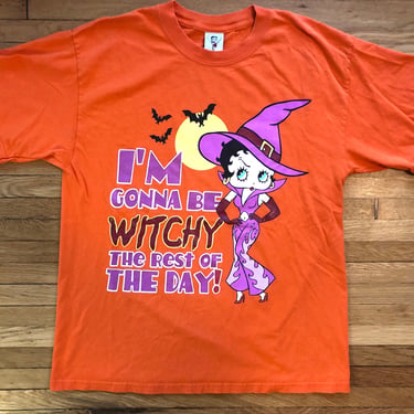 L 90s Halloween Betty Boop Orange Tee T-Shirt 1990s 2000s Sparkle Glitter Pin-Up Witch Bats Funny Slogan Comedy Spooky Size Large RARE 