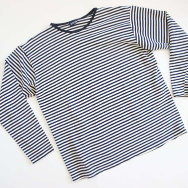 90s Striped Navy Blue White Long Sleeve Shirt S -  Drop Shoulder Sailor Knit Cotton Top 