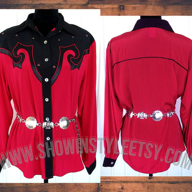 1849 Authentic Ranchwear Women's Vintage Western Retro Shirt, Red with Black Yokes & Trim, Cowgirl Blouse, Approx. Large (see meas. photo) 
