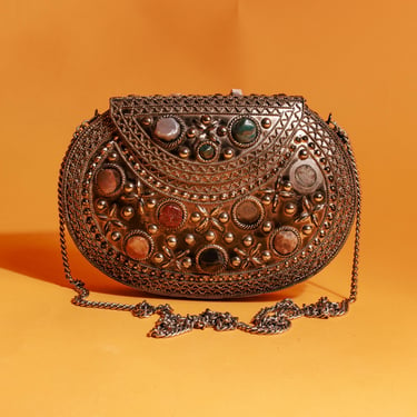 70s Silver Metal Colorful Stone Embossed Purse Vintage Agate Shell Chain Decorative Clutch 