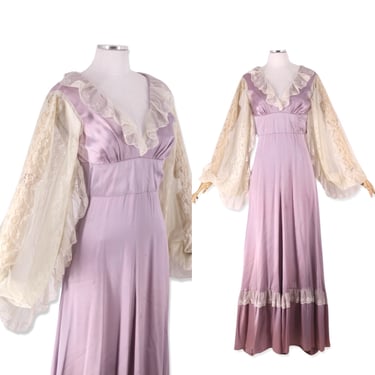 70s GUNNE SAX satin prairie maxi dress gown size 5, vintage 1970s lavender purple lace dress, cottage core bridal wedding XS rare 