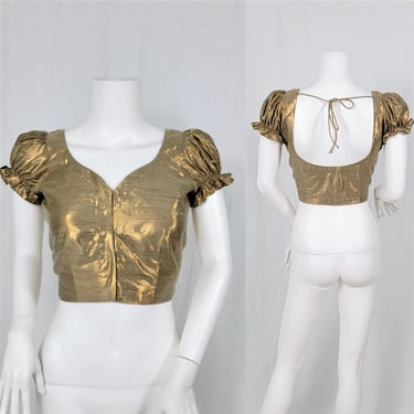 Vintage Gold Metallic Lame Cropped Shirt Blouse Top I Sz Med I Indian 