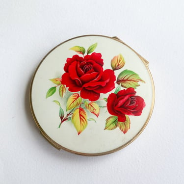 1950s Red Roses Gold Compact |50s Red & white Rose Compact | Stratton 