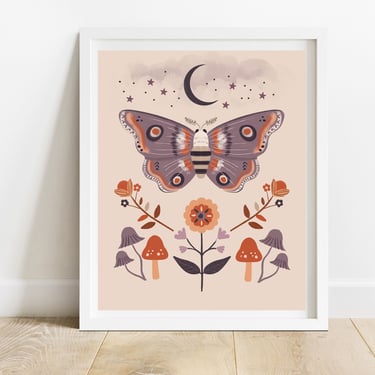 Moth And Moon Folk Art 8 X 10 Print/ Woodland Forest Illustration/ Flowers and Mushrooms Wall Decor/ Celestial Home Decor 