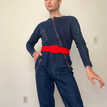 80s Sasson asymmetrical zip denim jumpsuit 