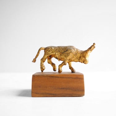 Vintage Small Brass Bull Figurine on Wood Pedestal 