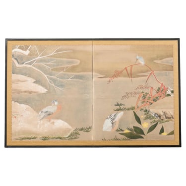 Japanese Showa Two Panel Screen Ducks in Winter Landscape