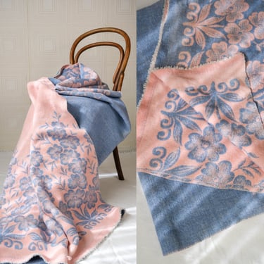 Vintage 60s Floral Pink & Blue Woolen Blanket w/ Reversible Print | 100% Wool | Floral Print  | 1960s Bohemian Home Decor Throw Blanket 