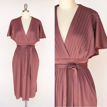 1970s Day Dress Plum Knit Belted S 