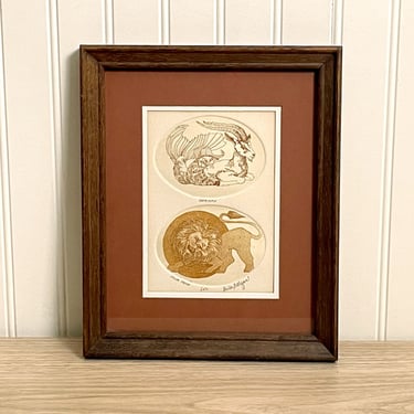 Capricorn and Leo zodiac etchings - framed 1980s color proof 