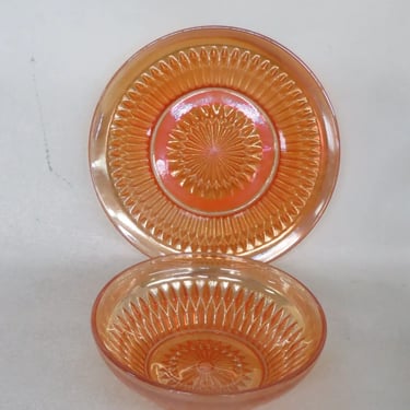 Jeannette Anniversary Marigold Iridescent Carnival Glass Bowl and Plate 3792B