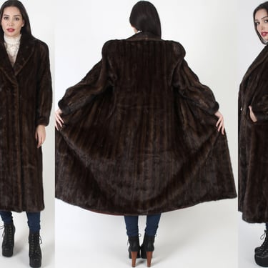 Glamorous Full Length Brown Real Mink Coat, Long Vintage Wide Sweep Jacket, Fur Back Collar Preppy Winter Coat 