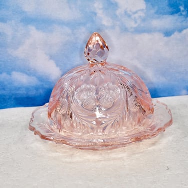 Vintage Glass Dome Covered Butter or Cheese Dish Inverted Thistle Pattern Scottish Pink Depression Glass Gift for Mom Wedding Gift Mint Cond 