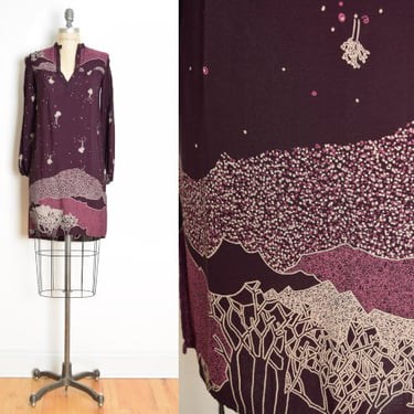 vintage 70s dress plum purple graphic print TREES hippie boho mini dress XS clothing 