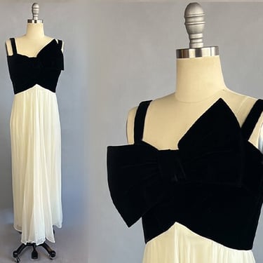 1960s Chiffon Gown / 1960s Black Velvet and White Chiffon Evening Dress with Bow / Size Medium 