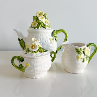Geo Z Lefton Rustic Daisy Flower Sugar and Creamer Set, Jelly Jar, Soup Tureen Vintage Japan 1960s 