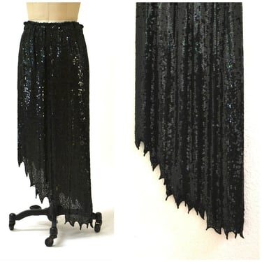 Vintage Black Sequin Skirt Size Medium Large Asymmetrical 80s 90s Vintage Sequin Skirt 