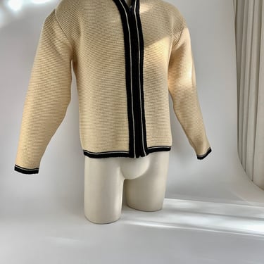 1950'S-60'S MOD Zip Cardigan - BRENTWOOD SPORTSWEAR - Heavy Territory Wool - Butter Cream Body with Black Details - Men's Medium to Large 