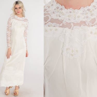 60s Wedding Dress Long White Lace Dress Beaded Sequin 1960s Maxi Bridal Gown Vintage Illusion Neckline Long Sleeve Scalloped Bow Small 
