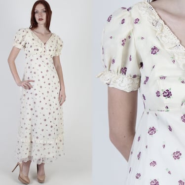 Vintage Ivory Chiffon Maxi Dress / Short Puffy Sleeves / 70s Purple Velvet Florals / Womens Garden Bridesmaids Maxi Dress 