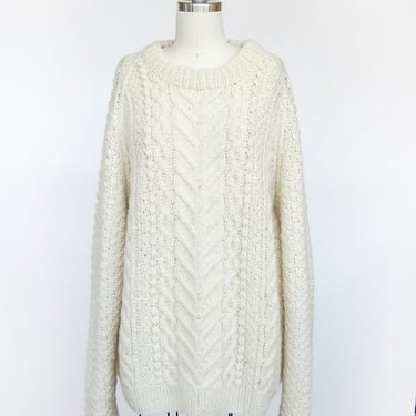 1970s Wool Fisherman Sweater Hand Knit L 