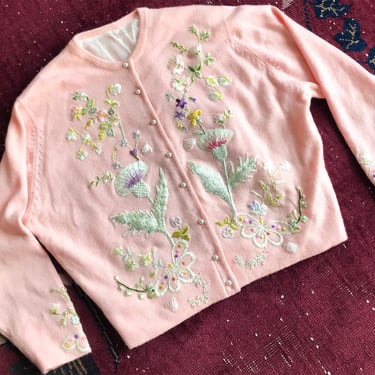 Scrumptious Pink 1950's/1960's Hand Embroidered Cashmere Sweater 