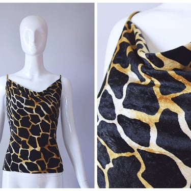 Vintage Y2K MNG Black and Gold Giraffe Print Velvet Drape Neck Top | retro 90s 1990s 2000s | 